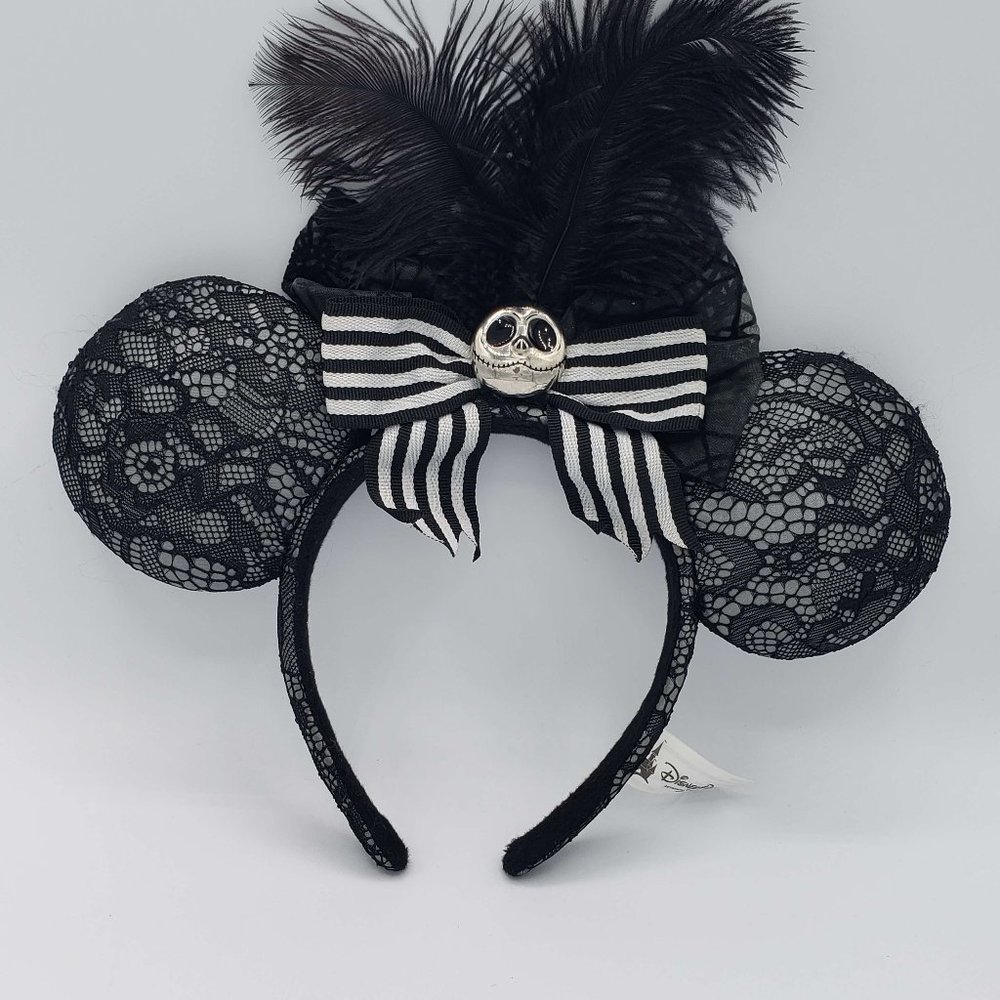 Disney Parks Jack Skellington Ears Black Feather Ribbon Lace Headband